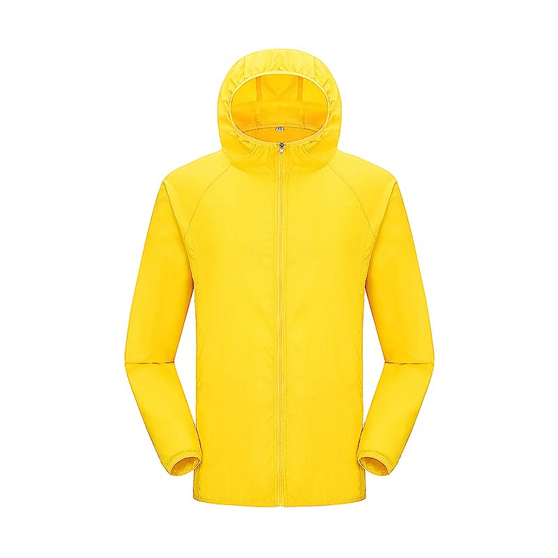 Bright yellow waterproof polyester jacket SF2005 for hiking, featuring sun protection and breathable material.